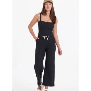 Vuori Women's M Ribbed Jersey Jumpsuit Drawstring Waist Pockets Black Athleisure
